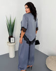 Satin set with lace, made from polyester, viscose and elastane, with delicate design and romantic look.