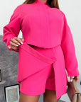 Blazer, skirt and shorts set made from polyester and lycra, fashionable women's clothing, stylish ensemble.