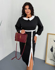 Fitted dress with a statement collar, polyester, viscose and spandex, suitable for everyday style.