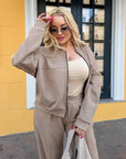 Suede bomber jacket and trouser set IT, polyester, viscose and elastane, in beige, with textured surface.