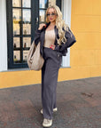 Suede bomber jacket and trouser set made from polyester, viscose and elastane, in fashifrom ITalian style.
