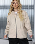 Faux-leather jacket, IT brand, with 100% polyamide, image of stylish women's jacket with fashionable design.