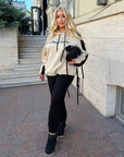Suede tracksuit in Italian style, polyester, viscose and elastane, image of a model with set.