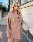 Corduroy shirt with viscose and cotton, beige, shown on a model in the image.