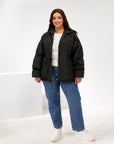 Lightweight hooded jacket made from polyester, image of product in the photo in white and blue wool jacket.