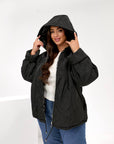 Lightweight hooded jacket made from polyester, image of modern model with practical design.