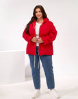 Lightweight hooded jacket made from polyester, in a light colour, suitable for spring and autumn, image of a model, worn jacket.