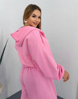 Hooded knit set, 60% cotton, 35% polyester and 5% elastane, in the image.