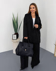 Striped business-style set made from polyester, viscose and spandex, including shirt and trousers in business style.
