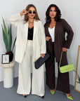 Striped business-style set, made from polyester, viscose and spandex, shown in elegant business design.