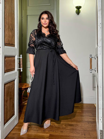 Long dress with embroidered mesh