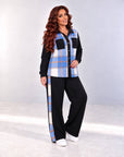 Fleece-lined set with checked inserts, 80% cotton and 20% polyester, image of textile fabrics and the design.