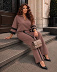 Set with wide-leg trousers made from polyester, viscose and spandex, images on elegant model and fabrics details.