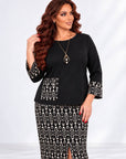 Printed blouse and skirt set, polyester, viscose and spandex, modern and stylish for everyday wear.
