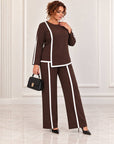 Blouse and trouser set made from polyester, viscose and lycra, model from a Bulgarian fashion brand, shown in the image.