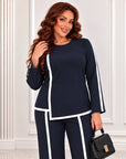 Blouse and trouser set made from polyester, viscose and lycra in beige, model and texture on fabric.