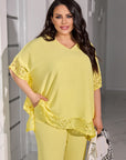 Embroidered blouse and wide-leg pants set , polyester и lycra, стиlinen и комфортен дамски тоалет.