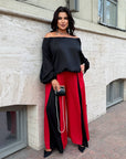 Set with wide-leg trousers made from polyester and lycra, image of elegant model in model pose.
