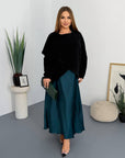 Satin dress and soft jumper set, polyester, viscose and elastane, graceful and comfortable women's outfit.