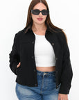 Cropped denim jacket from the brand with cotton, polyester and elastane, shown on a model, with long sleeves and a classic design.