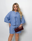 Linen blend set with shorts , linen 80% и polyester 20%, в светъл цвят, подходящ за летен стил.