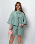 Linen blend set with shorts , White цвят, лек и уup toбен летен ансамбъл от linen и polyester.