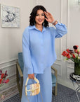 Set of shirt and trousers made of cotton blend  с linen и polyester, Beige цвят, подходящ за ежедневен стил.