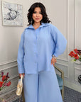 Set of shirt and trousers made of cotton blend , linen 80% и polyester 20%, Blueи цвят, за ежедневен стил.