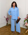 Ленен комплект с shirt и pants, White и Blue цвят Waist linen blend с 80% linen и 20% polyester, за елегантен стил.
