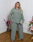 Ленен комплект shirt и pants от смес linen и polyester, White цвят, подходящ за летни облекла, с модерен дизайн.