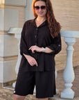 Set of shirt and bermuda shorts made of cotton fabric , модел с Whiteа shirt и Light blueи shorts, за комфортен летен стил.