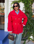 Short cashmere coat with warm lining and set made from polyester and viscose, stylish and warm winter model.