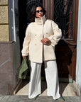 Set with short cashmere coat with warm lining, polyester and viscose, stylish winter model.