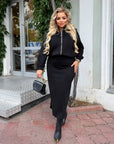 Set with a zip-up suede bomber jacket made from polyester and spandex, black, fashionable and stylish for everyday life.