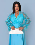 Long embroidered dress, model SV082025, polyester 100%, image of elegant dress with detailed embroidery.