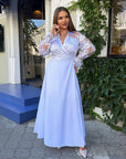 Long embroidered dress, model SV082025, made from polyester, with graceful decorative details on navy blue