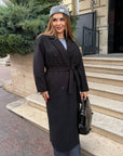 Long faux-cashmere coat with a composition of polyester, viscose and wool, model and texture, image of fashionable women's autumn outfit.