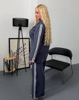Blazer and wide-leg trouser set, IT, polyester, viscose and spandex, in navy blue, suitable for office and everyday clothing
