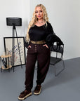 Corduroy trousers from an Italian brand, with viscose, cotton and elastane, shown on a model.