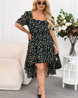Asymmetric dress with ruffles  от viscose и polyester, изображение на елегантен модел с асиметричен дизайн и декоративни волани