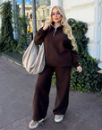 Fleece set with wide-leg trousers in polyester and elastane, comfortable and warm, image of comfortable clothing for cold climates