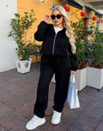 Velour hooded set in polyester and spandex, beige, comfortable everyday fashion.