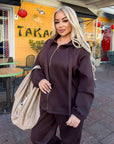 Velour hooded set in polyester and spandex, a fresh, stylish sporty outfit.
