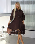Flared dress with cut-outs and stones, polyester, viscose and spandex, a stylish women's dress.