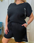 Knit set with shorts, polyester и viscose, изображение на мек и уup toбен летен комплект.
