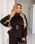 Suede blazer with a belt  от polyester, viscose и elastane, с елегантен дизайн и комфортен силует.