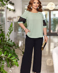 Blouse and wide-leg pants set  от polyester, lycra и nylon, модел с комфортен и стиlinen  дизайн.