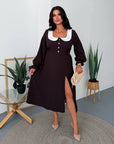 Midi dress with a statement collar made from polyester and elastane, model NewYear25, image of elegant clothing.