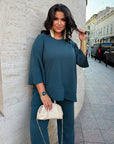 Loose-fitting set with rhinestones, polyester, viscose and lycra, image of fashionable women's set.