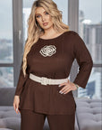 Ribbed fabric set with a belt , polyester и lycra, изображение на елегантен дамски комплект с колан.